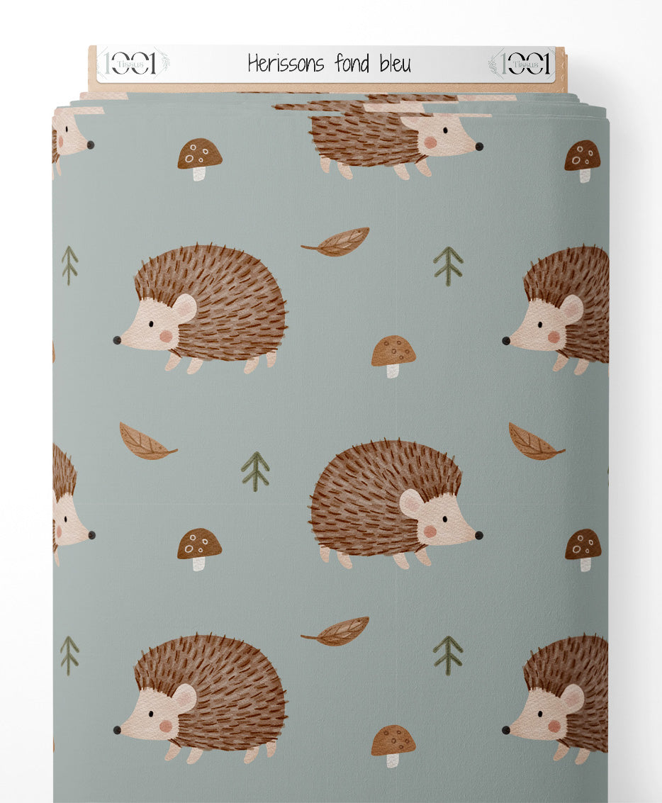 Tissu - Hérissons sur fond bleu