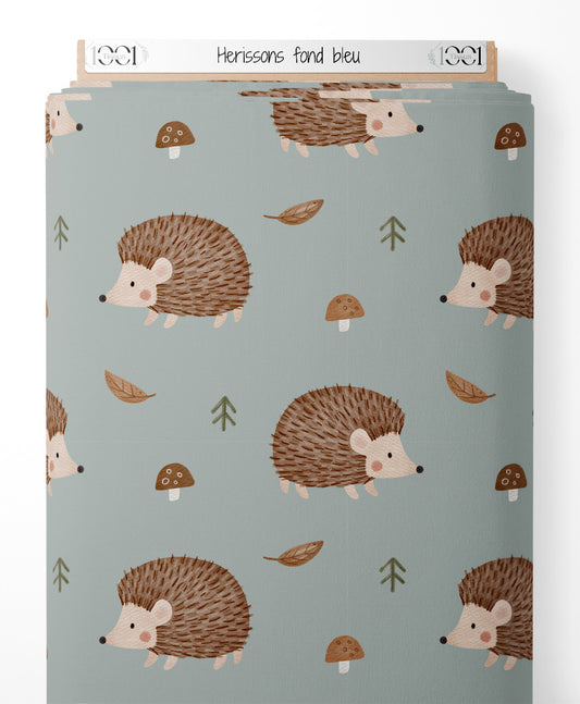 Tissu - Hérissons sur fond bleu