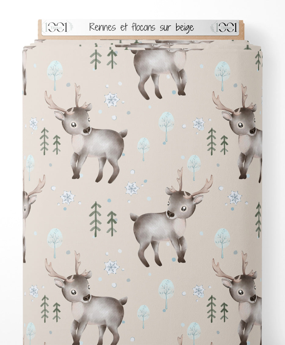 Tissu - Rennes et flocons sur beige