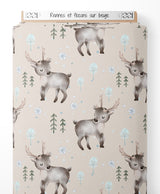 Tissu - Rennes et flocons sur beige