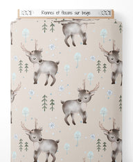 Tissu - Rennes et flocons sur beige