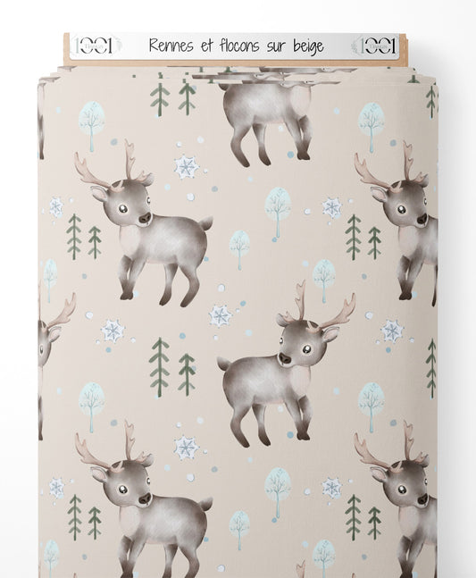 Tissu - Rennes et flocons sur beige