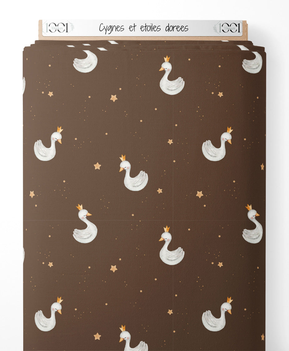 Tissu - Cygnes et étoiles dorées