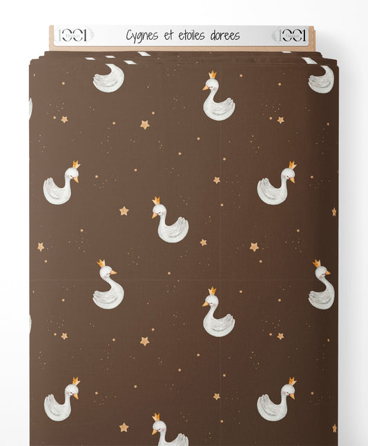 Tissu - Cygnes et étoiles dorées