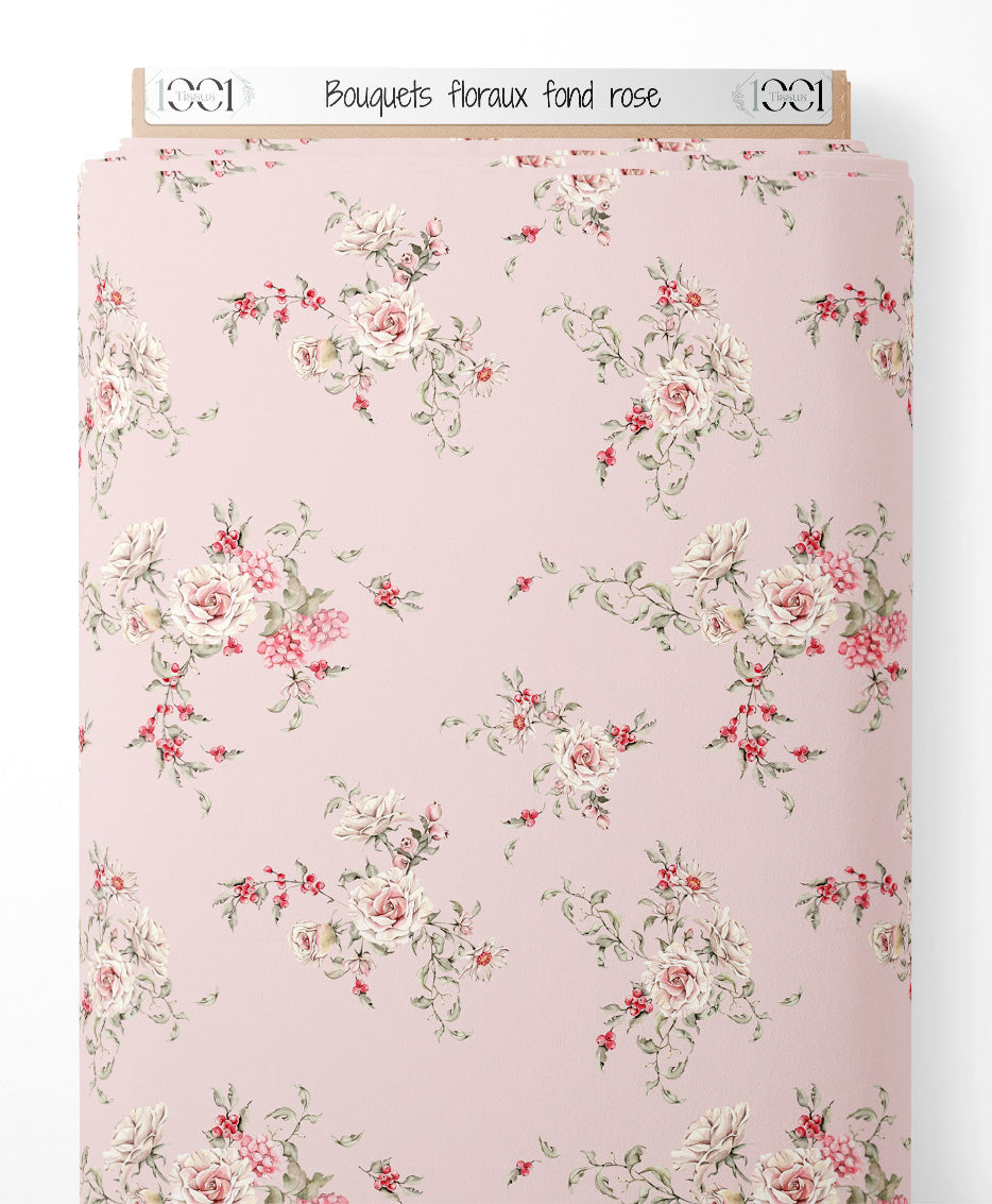 Tissu - Bouquets floraux sur fond rose