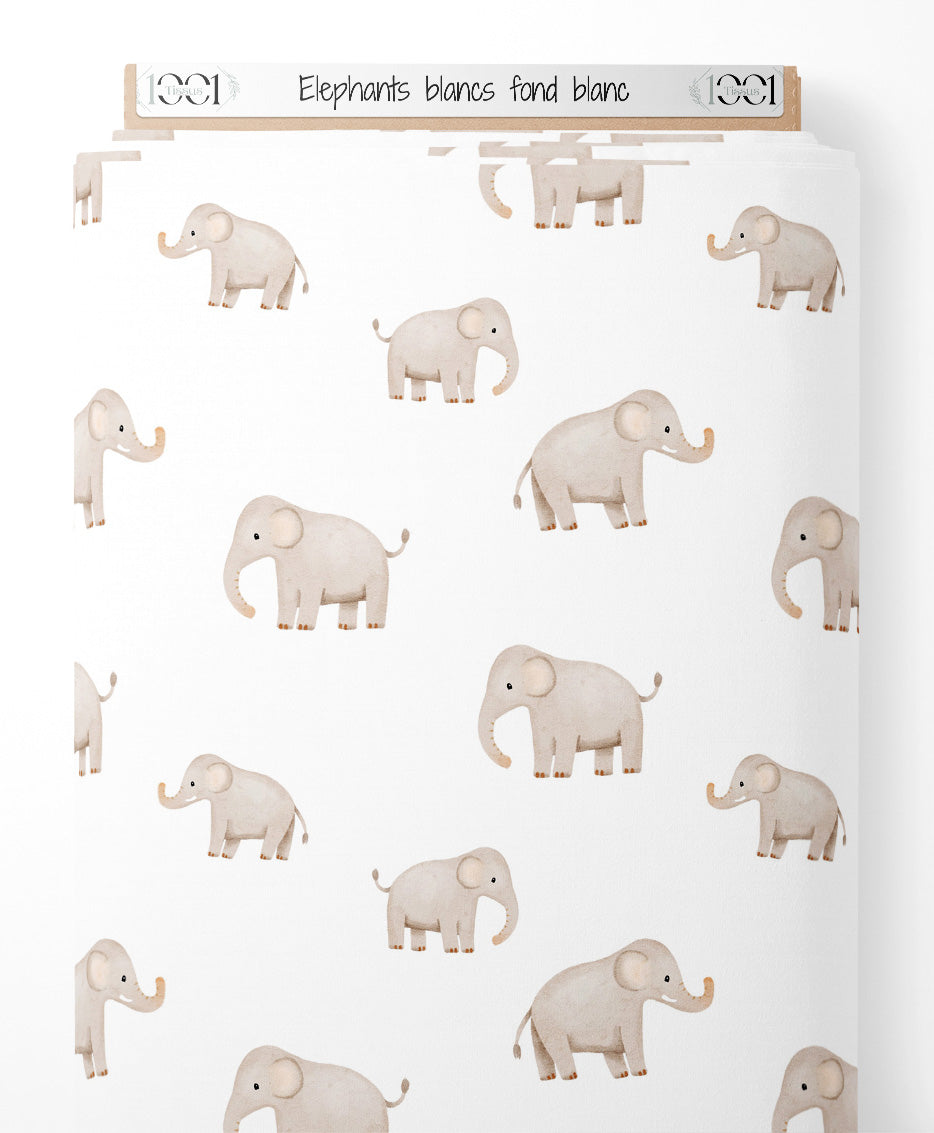 Tissu - Éléphants blancs sur fond blanc