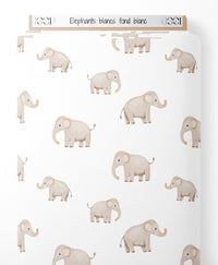 Tissu - Éléphants blancs sur fond blanc