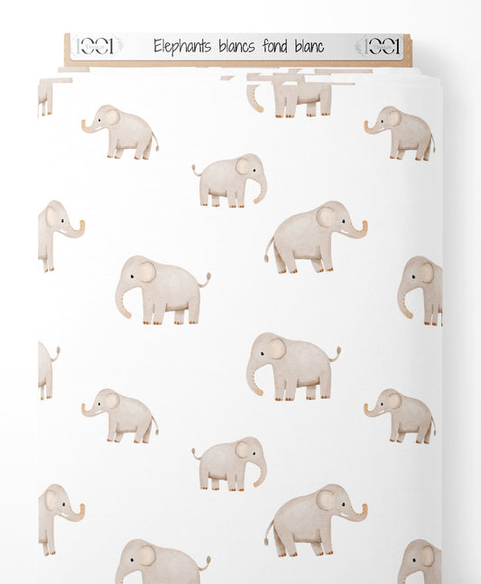 Tissu - Éléphants blancs sur fond blanc