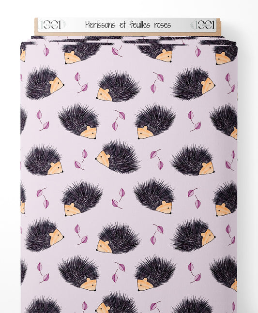 Tissu - Hérissons et feuilles roses