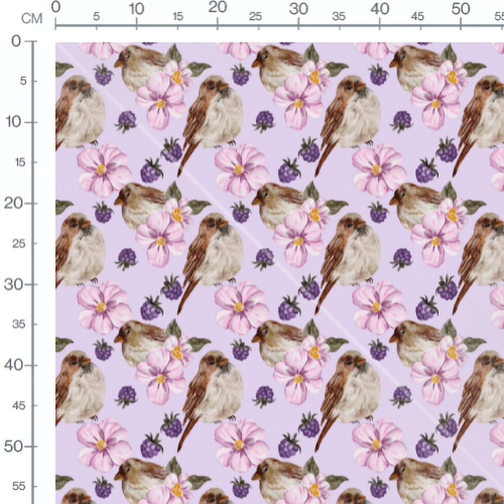 Tissu - Oiseaux et fleurs sur violet