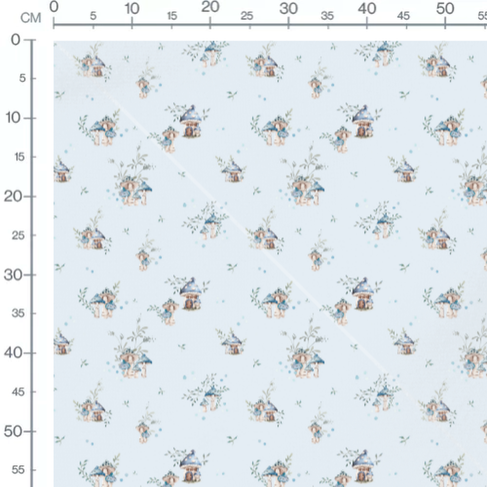 Tissu - Champignons bleus et maisonnettes