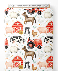 Tissu - Animaux colorés et grange rouge