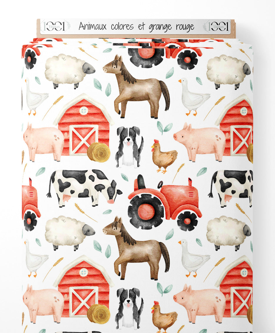 Tissu - Animaux colorés et grange rouge