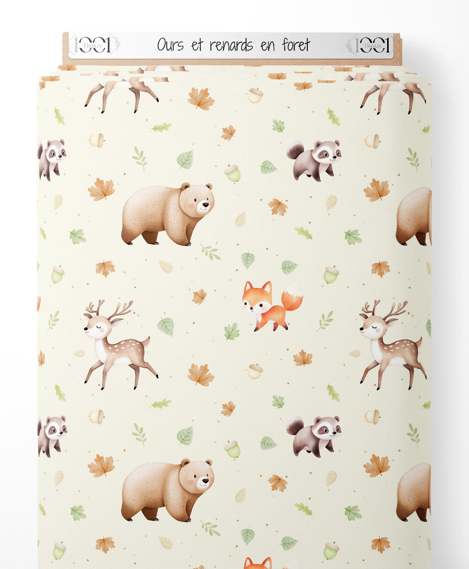 Tissu - Ours et renards en forêt