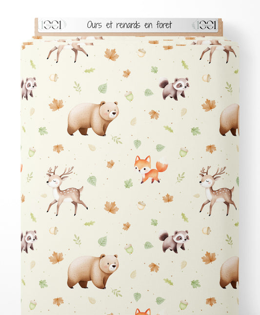 Tissu - Ours et renards en forêt