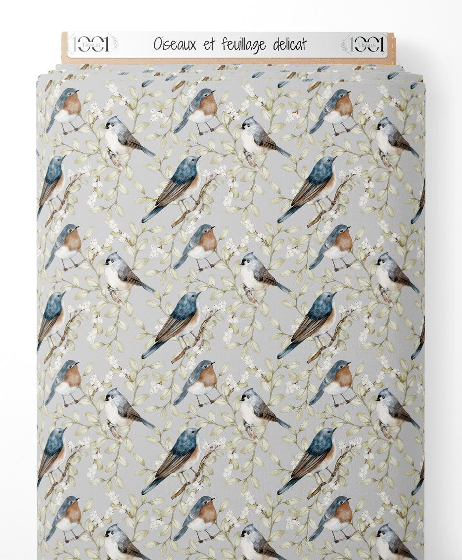 Tissu - Oiseaux et feuillage délicat