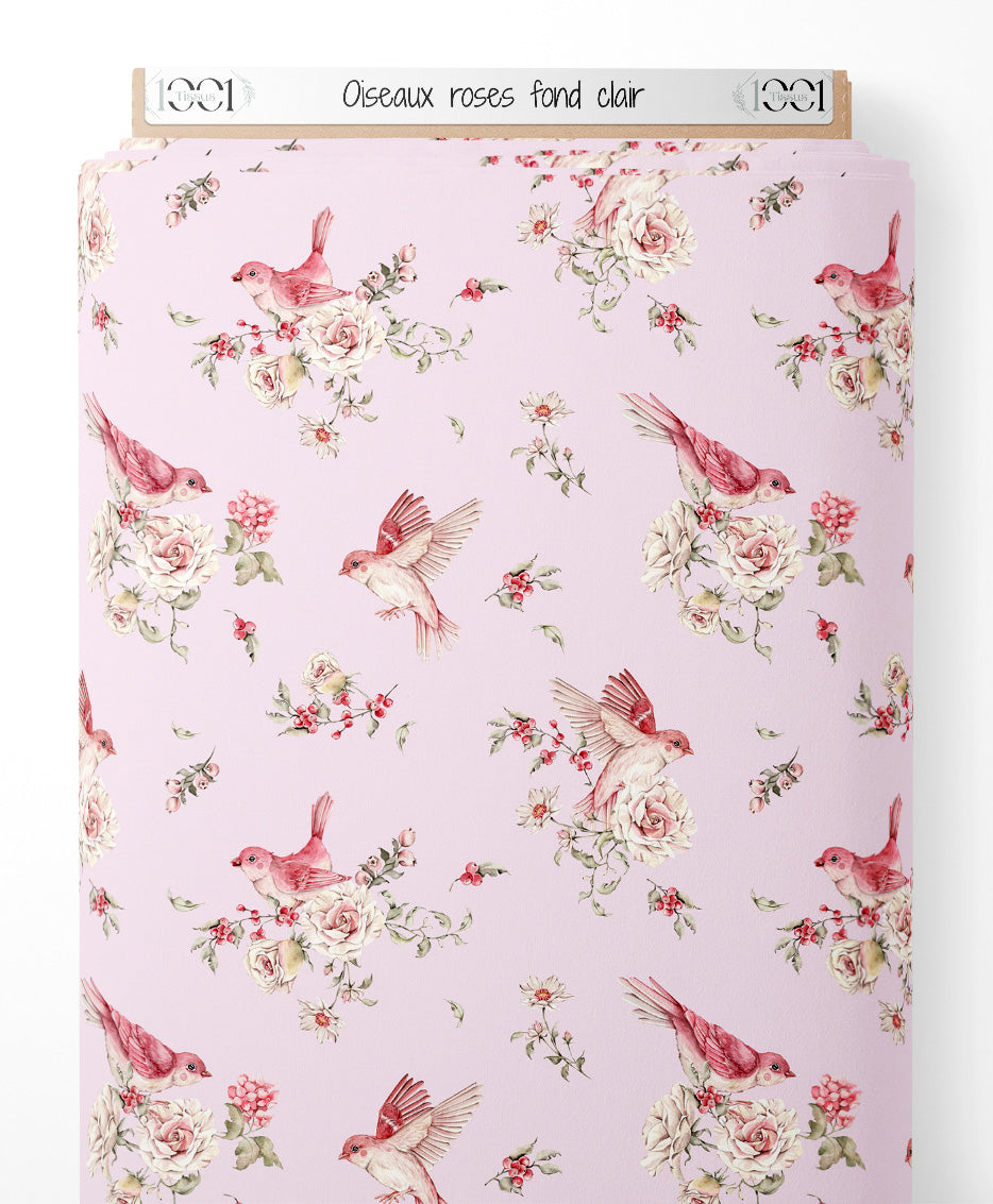 Tissu - Oiseaux roses sur fond clair