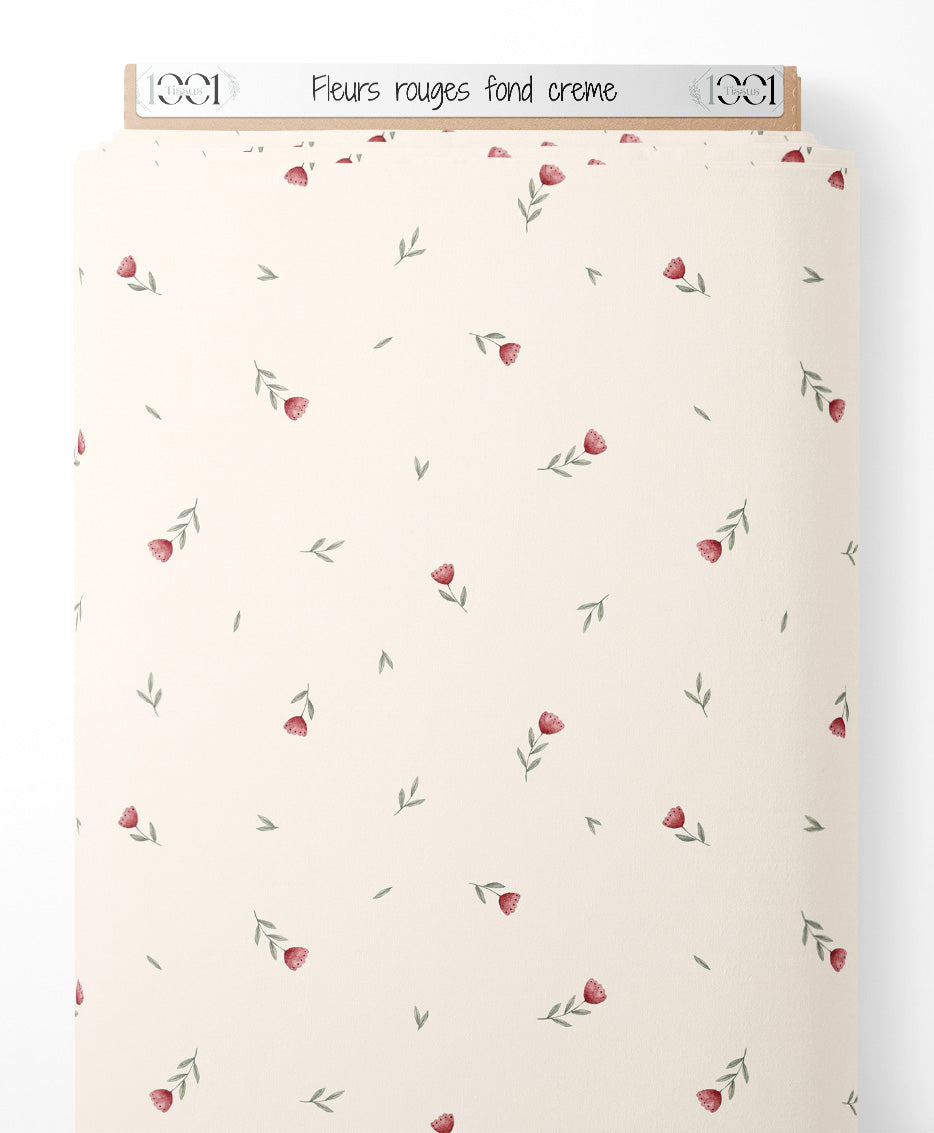 Tissu - Fleurs rouges sur fond crème