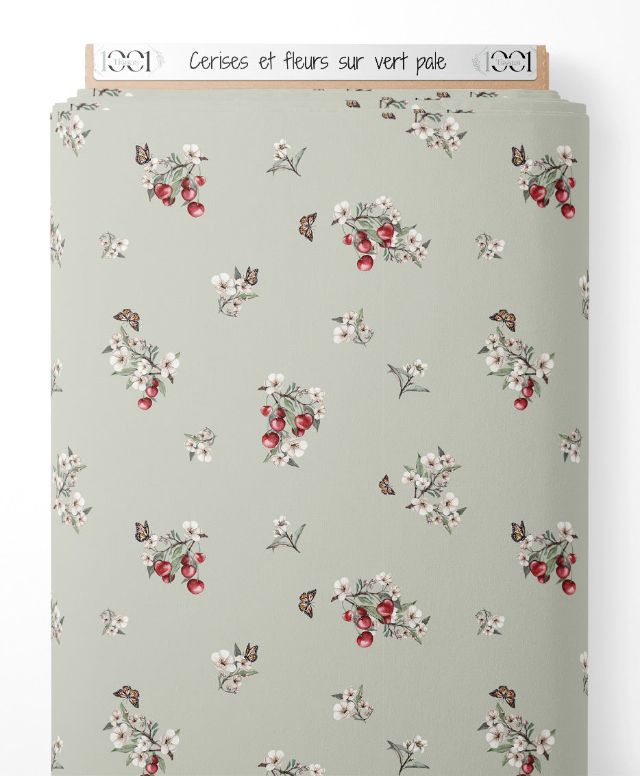 Tissu - Cerises et fleurs sur vert pâle