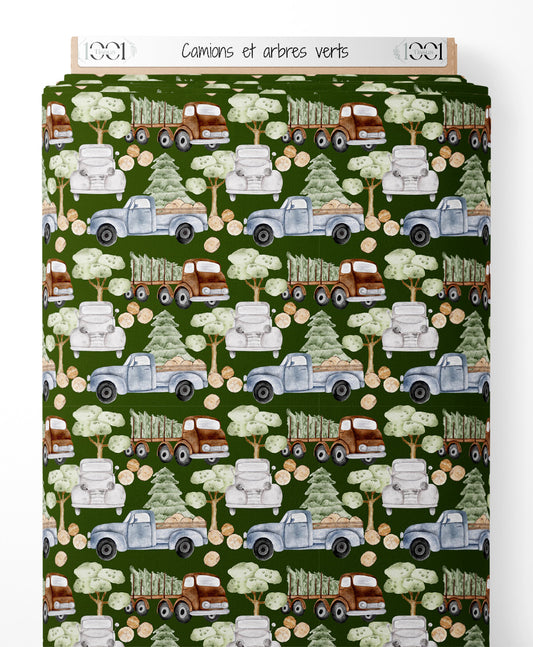 Tissu - Camions et arbres verts