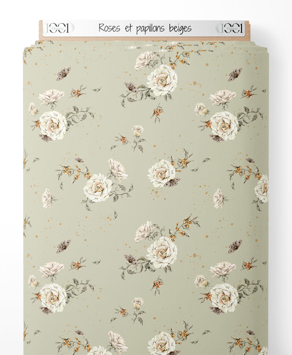 Tissu - Roses et papillons beiges