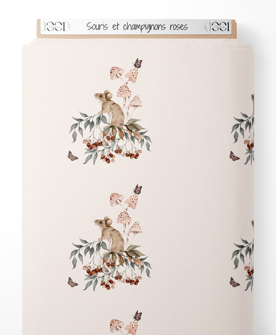 Tissu - Souris et champignons roses