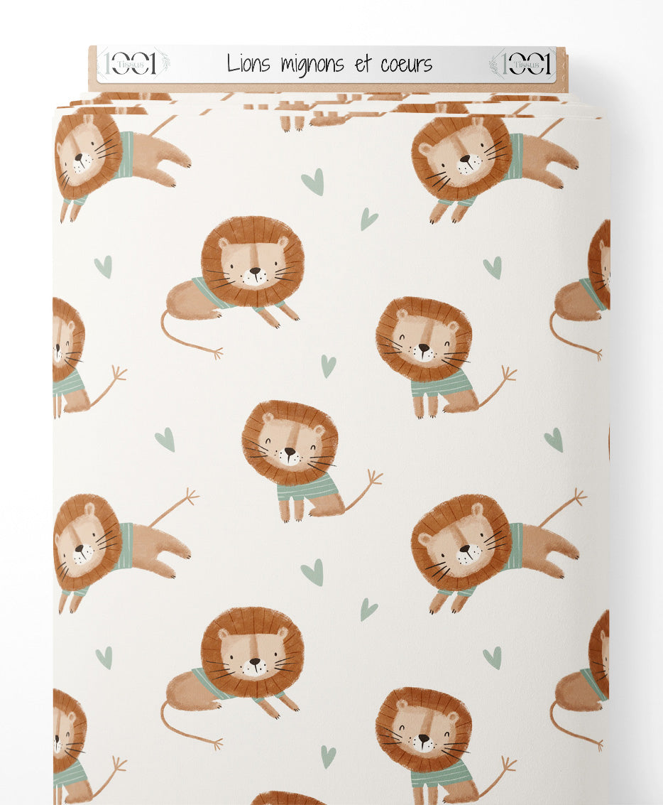 Tissu - Lions mignons et cœurs