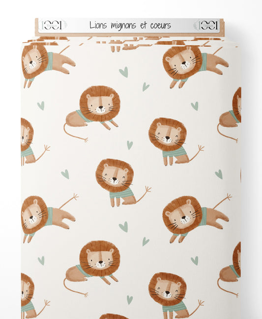 Tissu - Lions mignons et cœurs