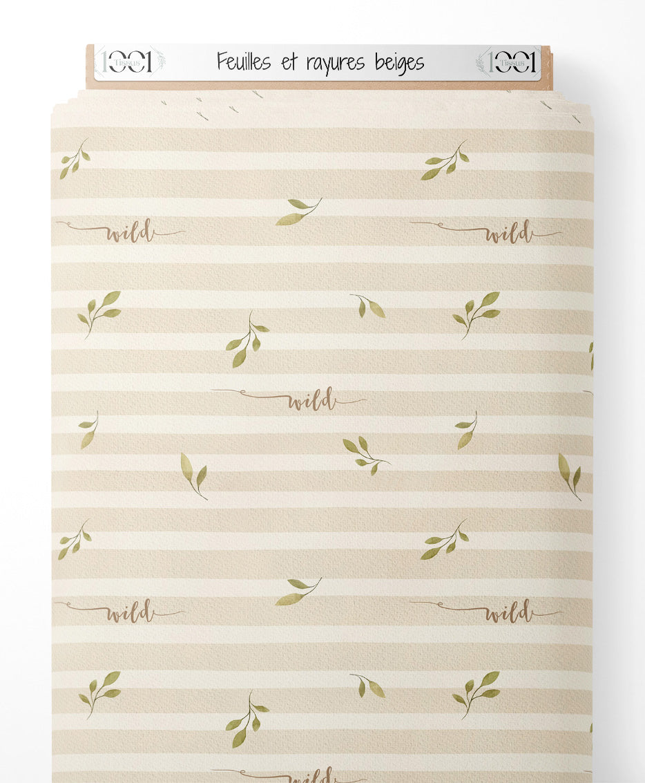 Tissu - Feuilles et rayures beiges
