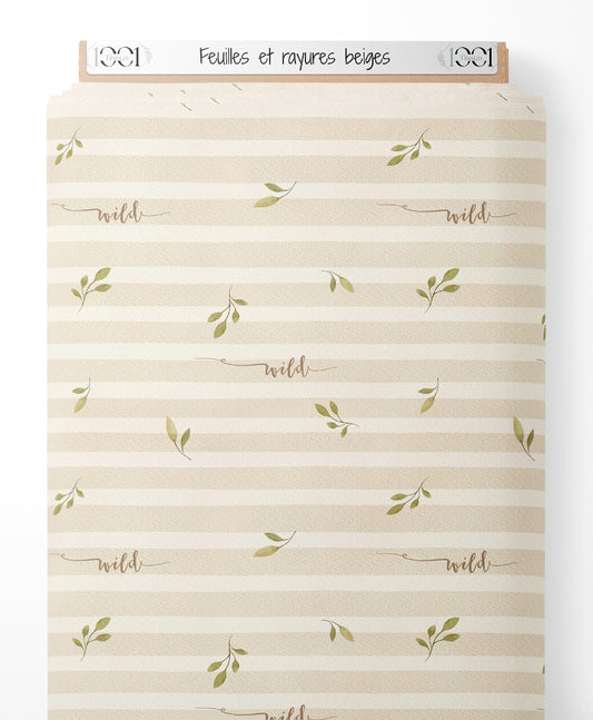 Tissu - Feuilles et rayures beiges