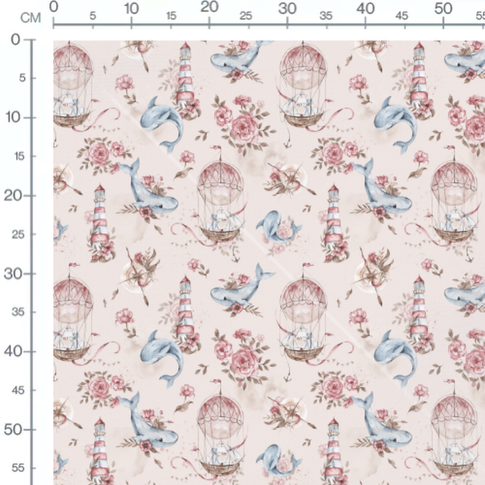 Tissu - Baleines et fleurs roses