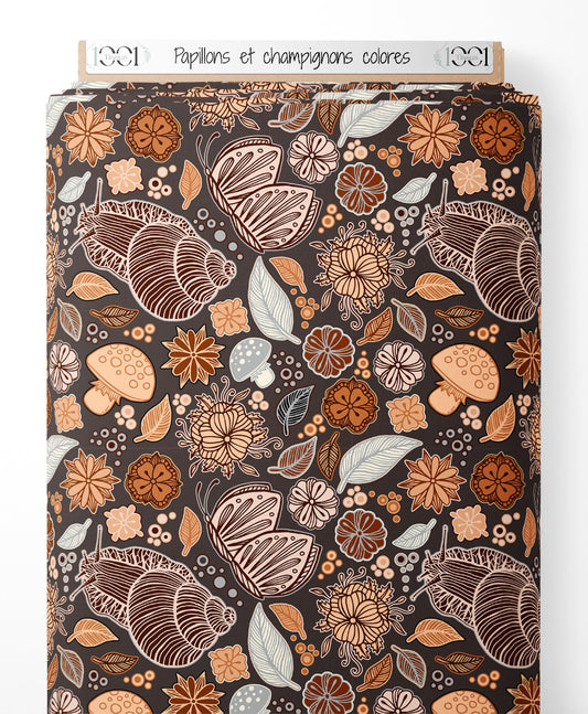 Tissu - Papillons et champignons colorés