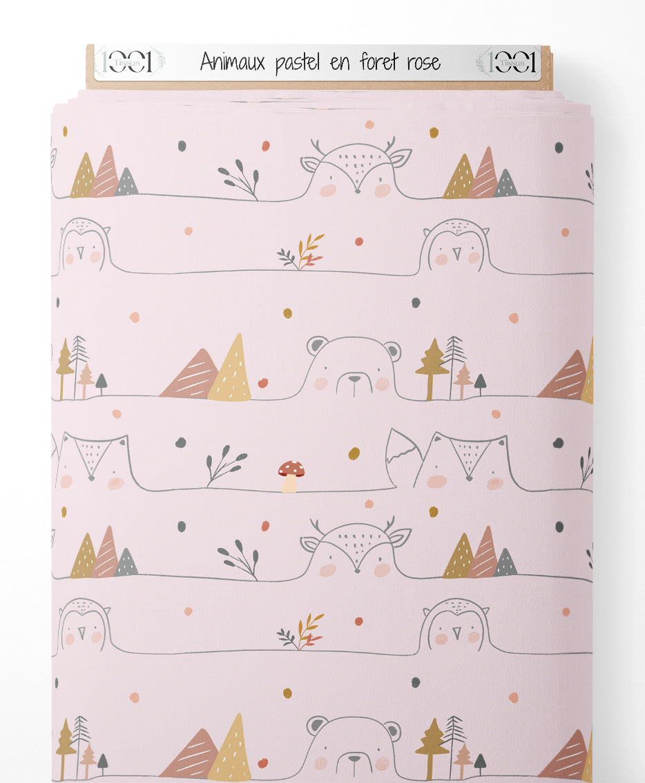 Tissu - Animaux pastel en forêt rose