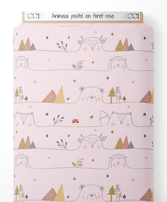Tissu - Animaux pastel en forêt rose