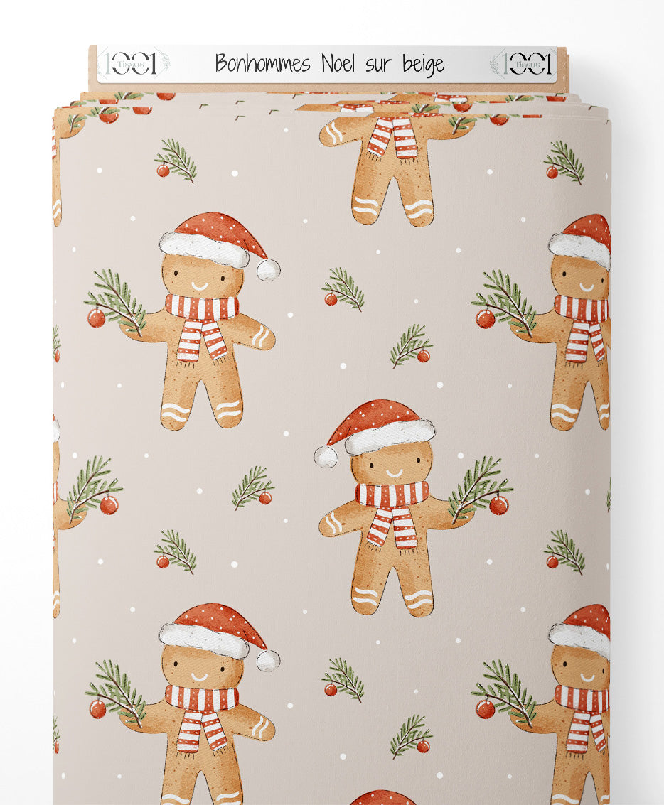 Tissu - Bonhommes Noël sur beige