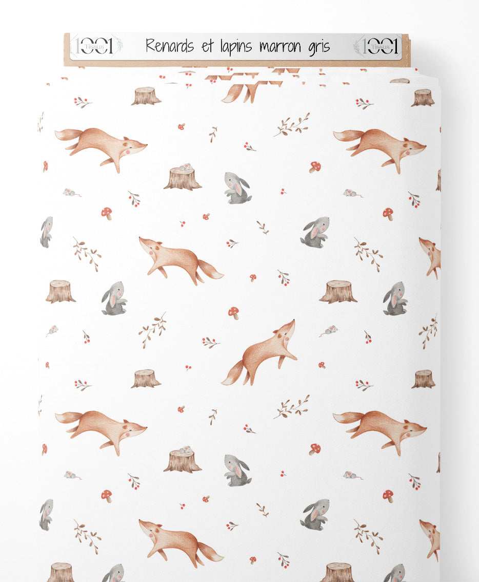 Tissu - Renards et lapins marron gris