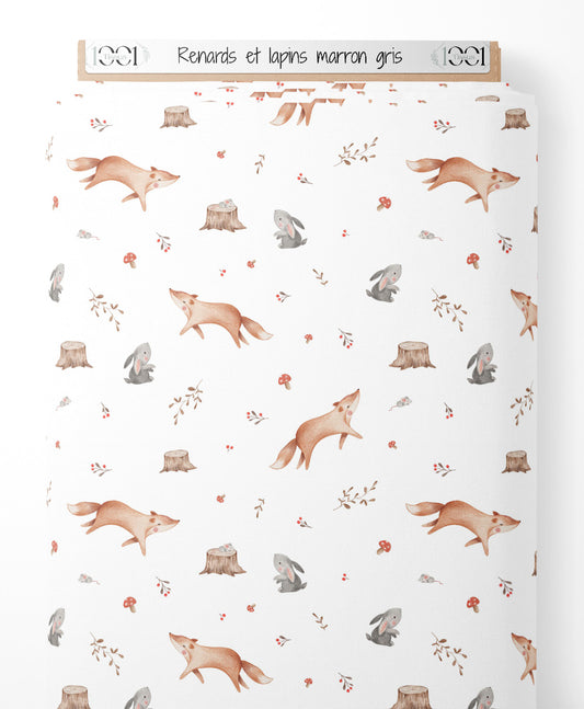 Tissu - Renards et lapins marron gris