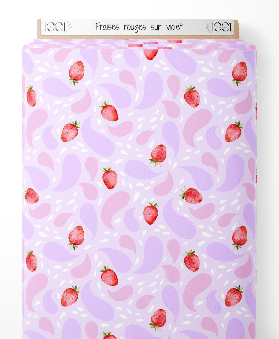 Tissu - Fraises rouges sur violet