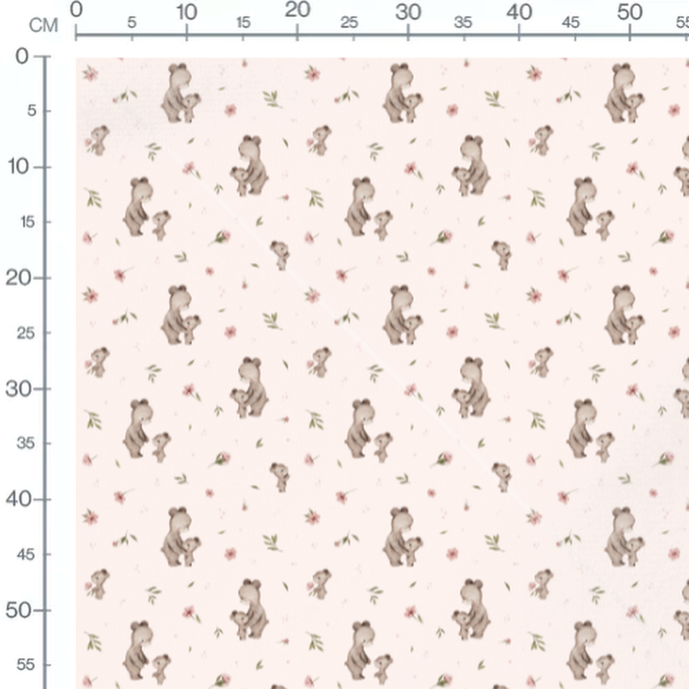 Tissu - Ours bruns et fleurs roses crème 2