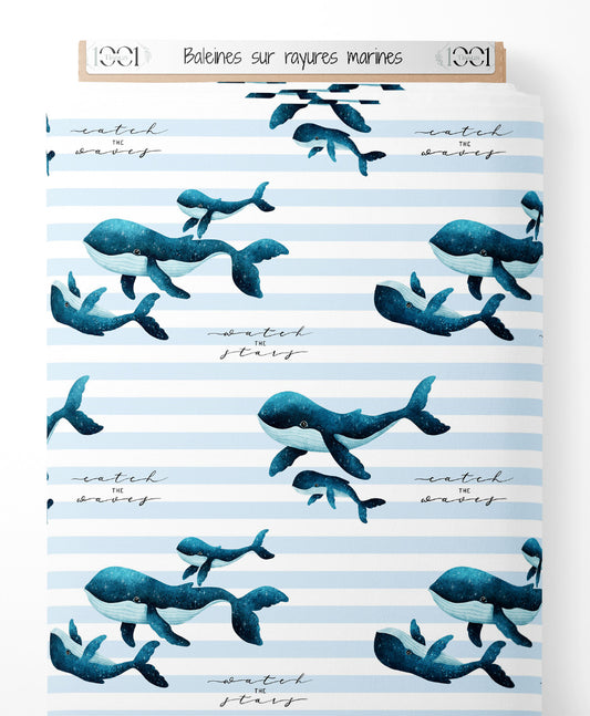 Tissu - Baleines sur rayures marines