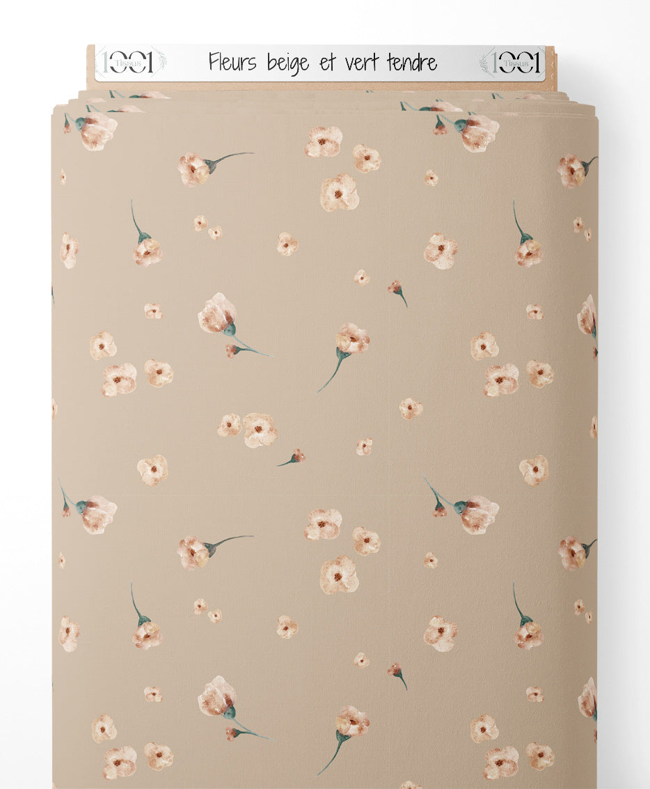 Tissu - Fleurs beige et vert tendre