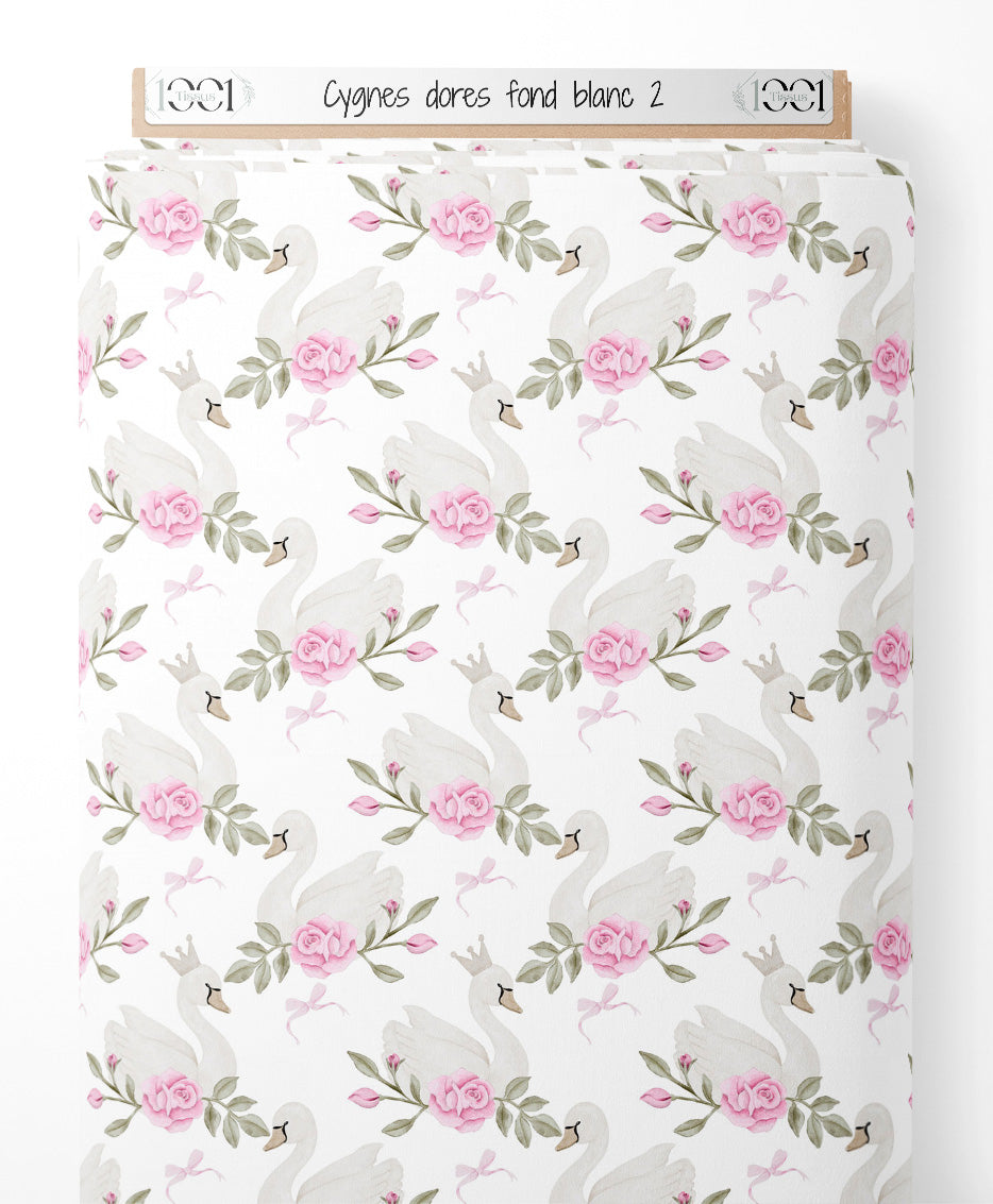 Tissu - Cygnes dorés sur fond blanc 2