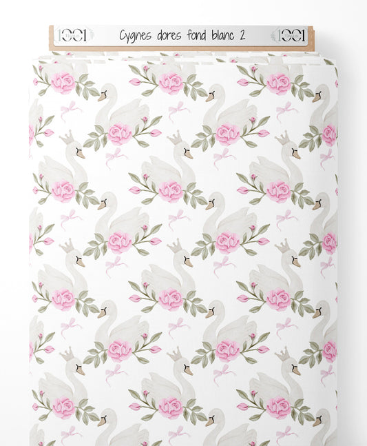 Tissu - Cygnes dorés sur fond blanc 2