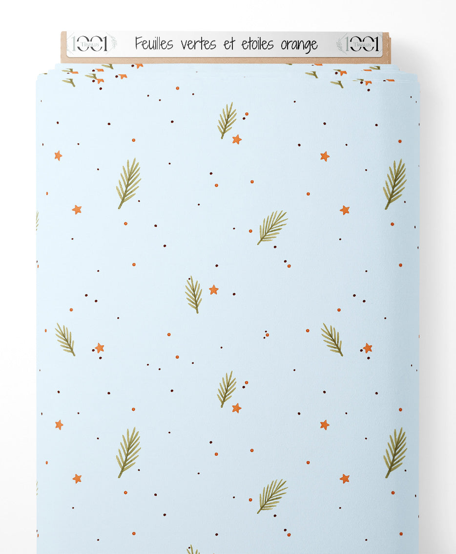 Tissu - Feuilles vertes et étoiles orange