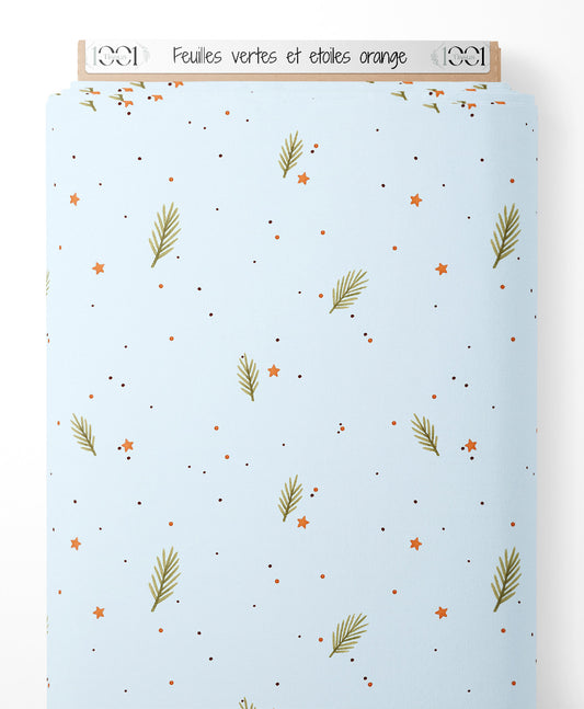 Tissu - Feuilles vertes et étoiles orange