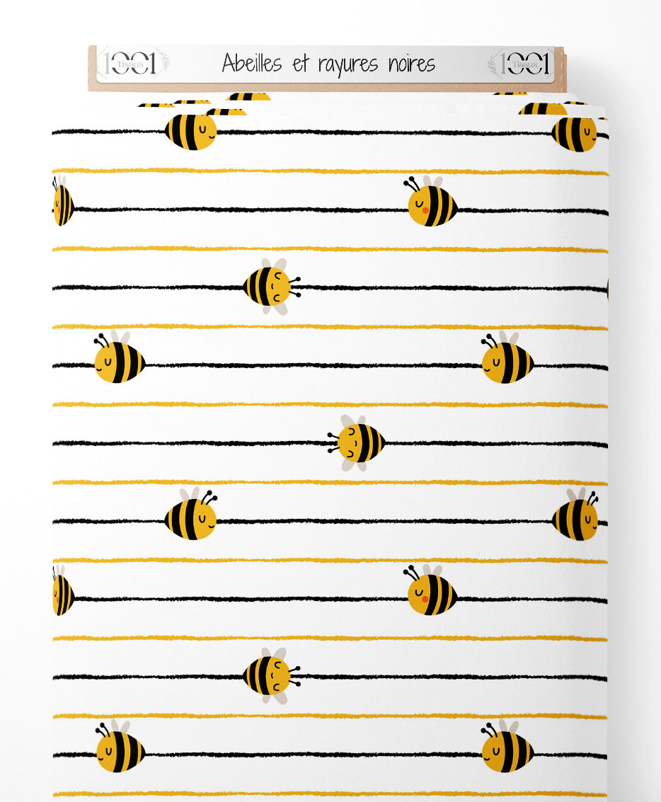 Tissu - Abeilles et rayures noires