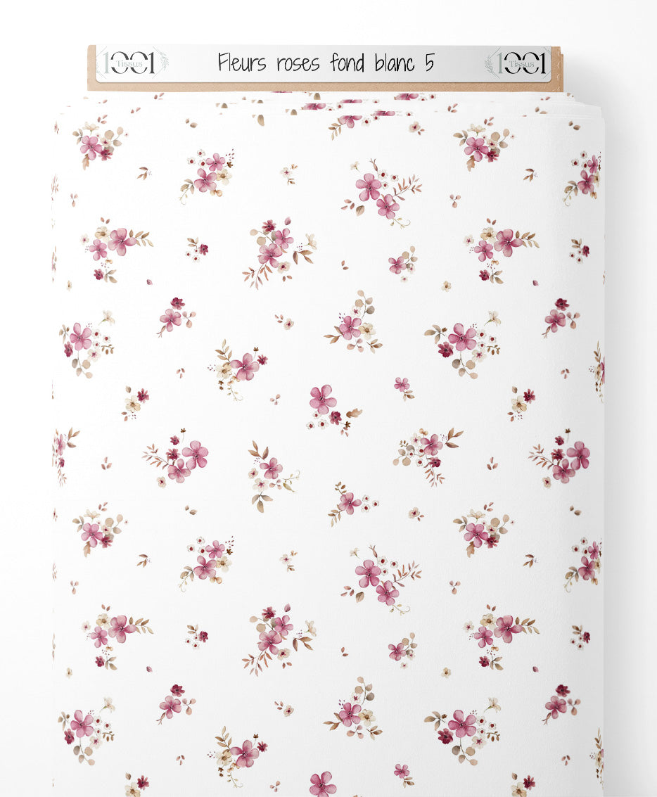 Tissu - Fleurs roses sur fond blanc 5