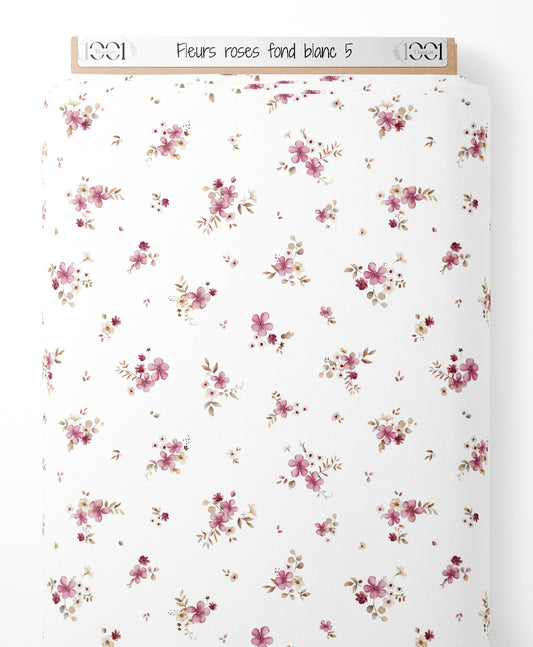 Tissu - Fleurs roses sur fond blanc 5