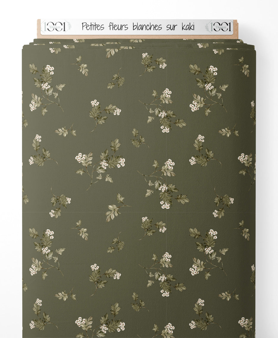 Tissu - Petites fleurs blanches sur kaki