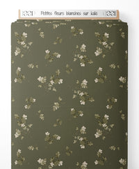 Tissu - Petites fleurs blanches sur kaki
